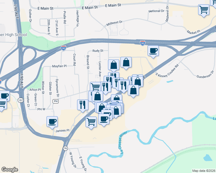 map of restaurants, bars, coffee shops, grocery stores, and more near 1101 Main Street in Onalaska