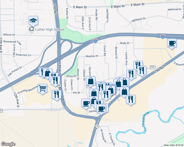 map of restaurants, bars, coffee shops, grocery stores, and more near 478 Sycamore Street in Onalaska