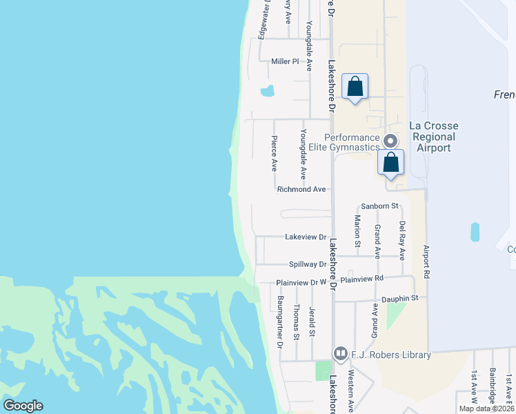 map of restaurants, bars, coffee shops, grocery stores, and more near 2223 Bayshore Drive in La Crosse