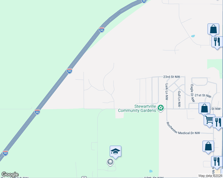 map of restaurants, bars, coffee shops, grocery stores, and more near 2018 Petersen Drive Northwest in Stewartville