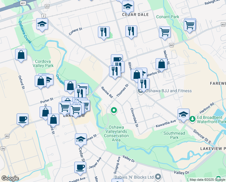 map of restaurants, bars, coffee shops, grocery stores, and more near 55 Sandra Street West in Oshawa