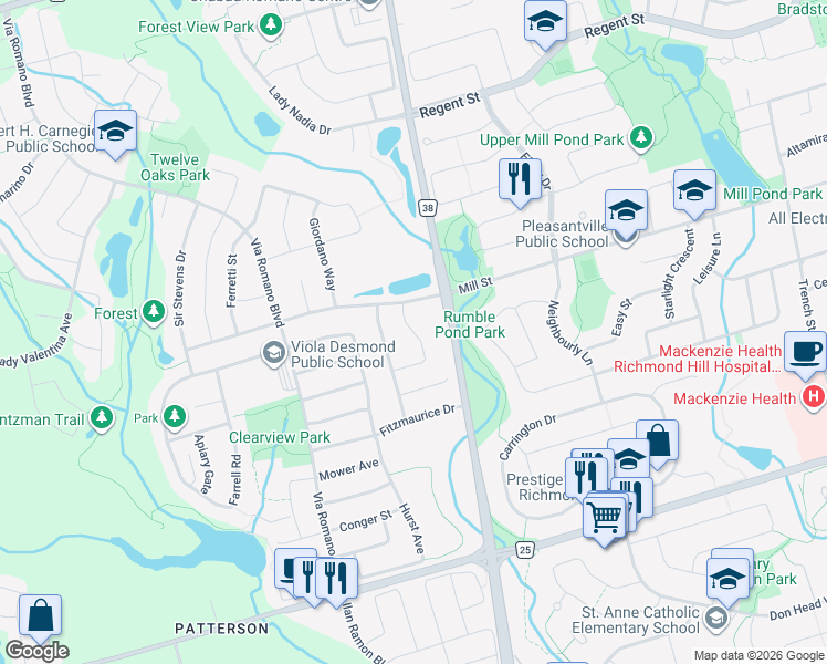 map of restaurants, bars, coffee shops, grocery stores, and more near Keatley Drive in Vaughan