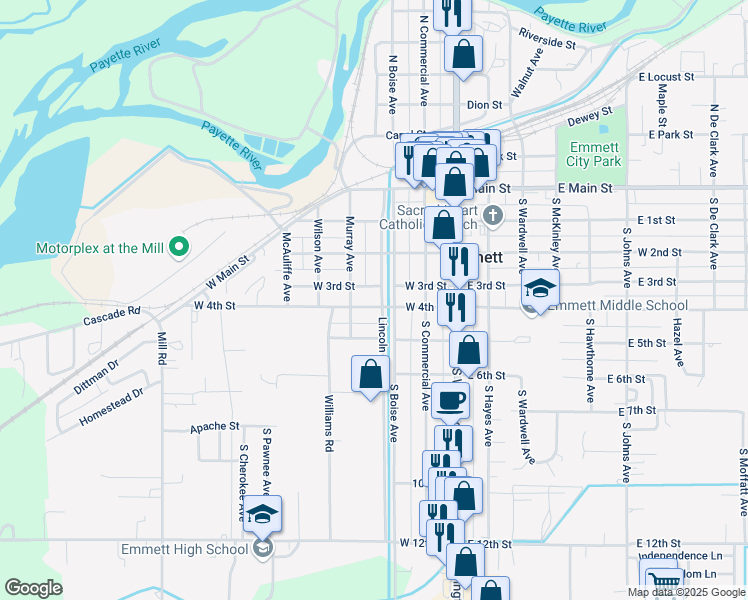 map of restaurants, bars, coffee shops, grocery stores, and more near 411 Lincoln Avenue in Emmett