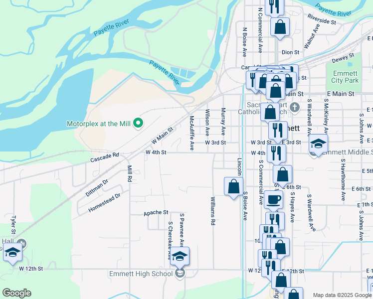 map of restaurants, bars, coffee shops, grocery stores, and more near 602 West 4th Street in Emmett
