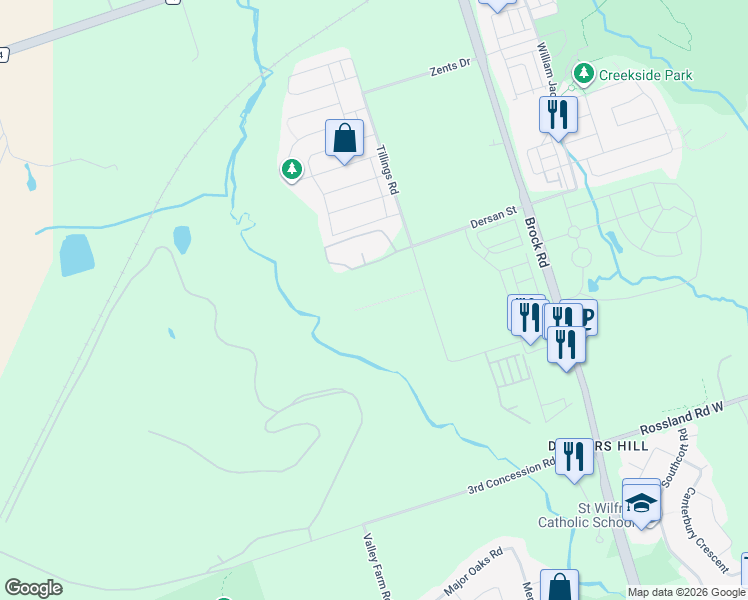 map of restaurants, bars, coffee shops, grocery stores, and more near 2538 Tillings Road in Pickering