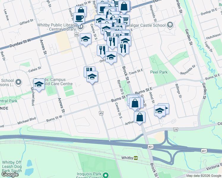 map of restaurants, bars, coffee shops, grocery stores, and more near 724 Centre Street South in Whitby