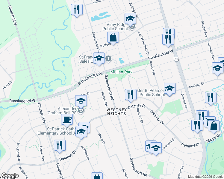 map of restaurants, bars, coffee shops, grocery stores, and more near 248 Ravenscroft Road in Ajax