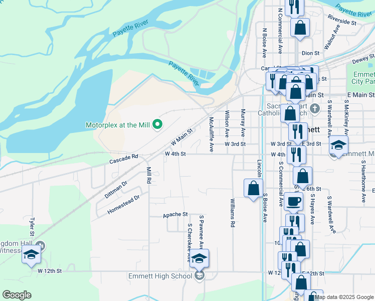map of restaurants, bars, coffee shops, grocery stores, and more near 835 West Main Street in Emmett