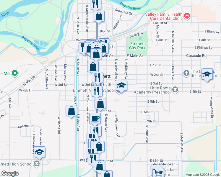 map of restaurants, bars, coffee shops, grocery stores, and more near 411 South Wardwell Avenue in Emmett