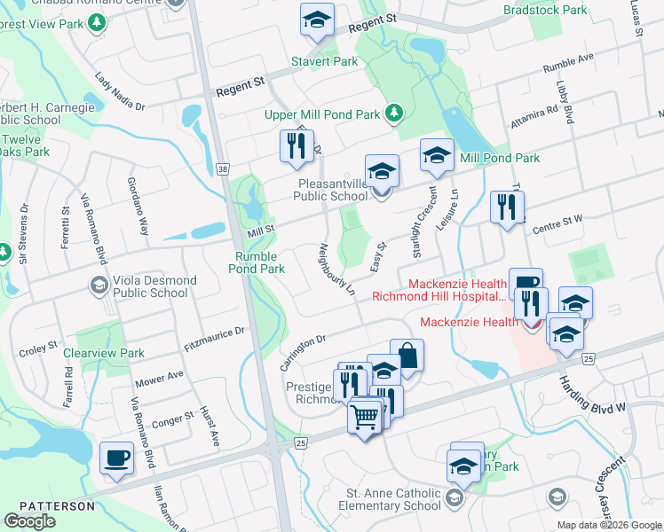 map of restaurants, bars, coffee shops, grocery stores, and more near 73 Neighbourly Lane in Richmond Hill