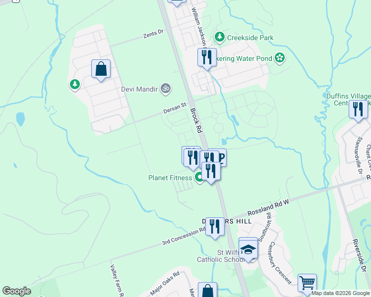 map of restaurants, bars, coffee shops, grocery stores, and more near 2632 Castlegate Crossing in Pickering