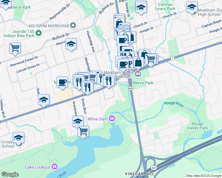 map of restaurants, bars, coffee shops, grocery stores, and more near 5863 Highway 7 in Markham