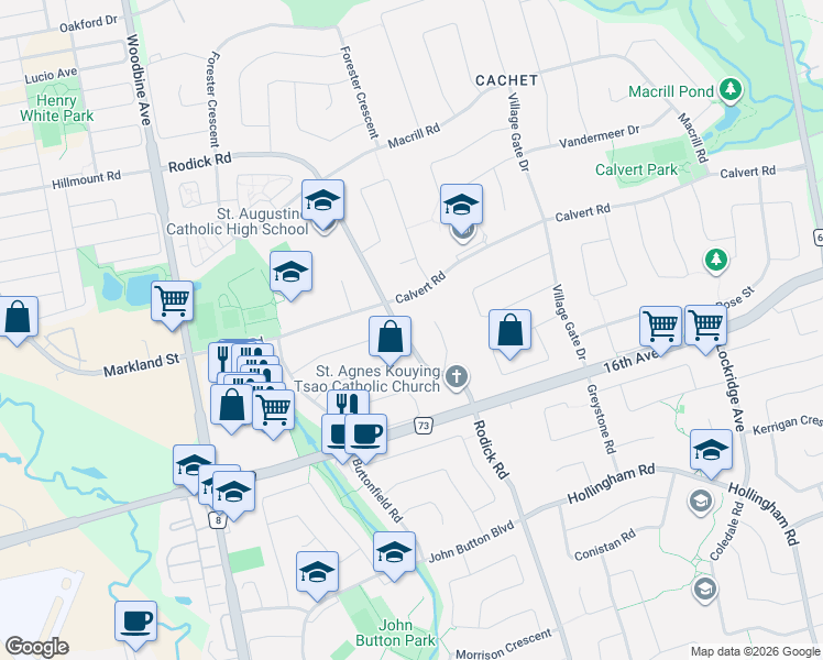 map of restaurants, bars, coffee shops, grocery stores, and more near 2151 Rodick Road in Markham