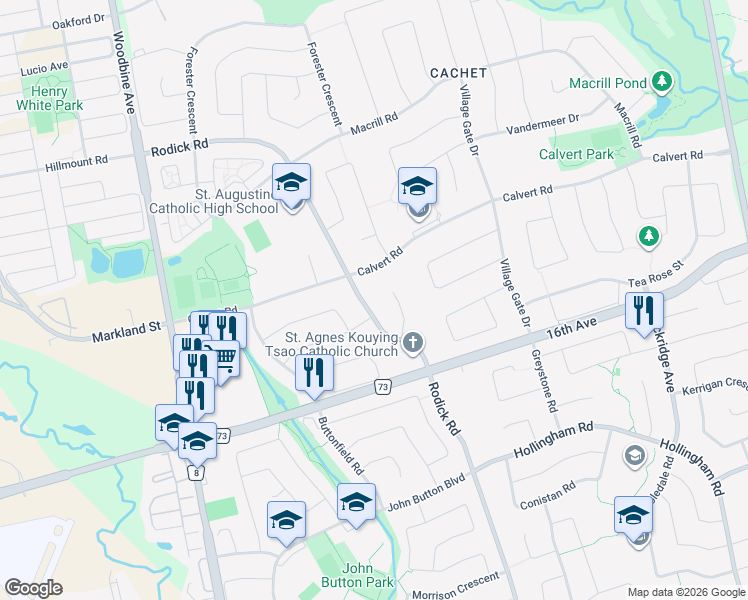 map of restaurants, bars, coffee shops, grocery stores, and more near 2147 Rodick Road in Markham