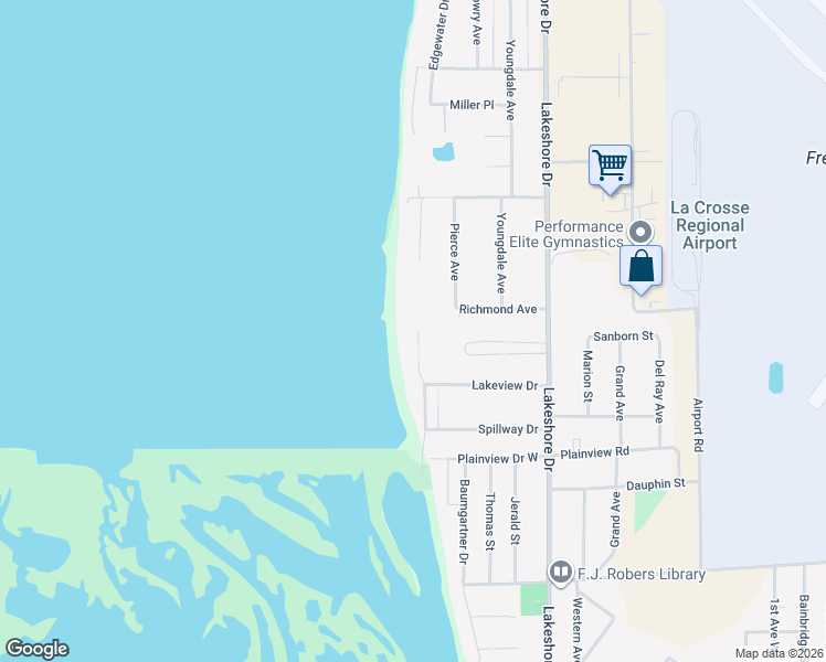 map of restaurants, bars, coffee shops, grocery stores, and more near 2223 Bayshore Drive in La Crosse
