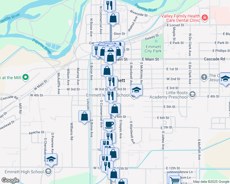 map of restaurants, bars, coffee shops, grocery stores, and more near 4 South Hayes Avenue in Emmett