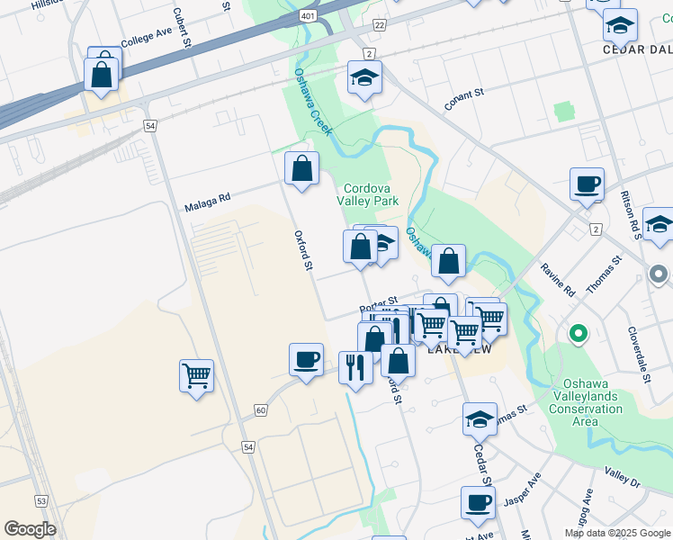map of restaurants, bars, coffee shops, grocery stores, and more near in Oshawa