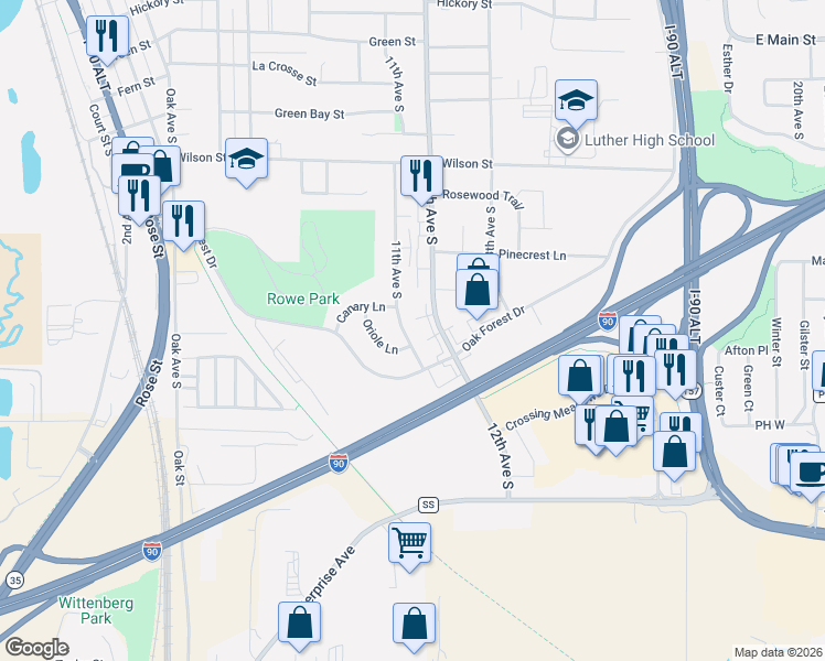 map of restaurants, bars, coffee shops, grocery stores, and more near 1255 Oriole Lane in Onalaska