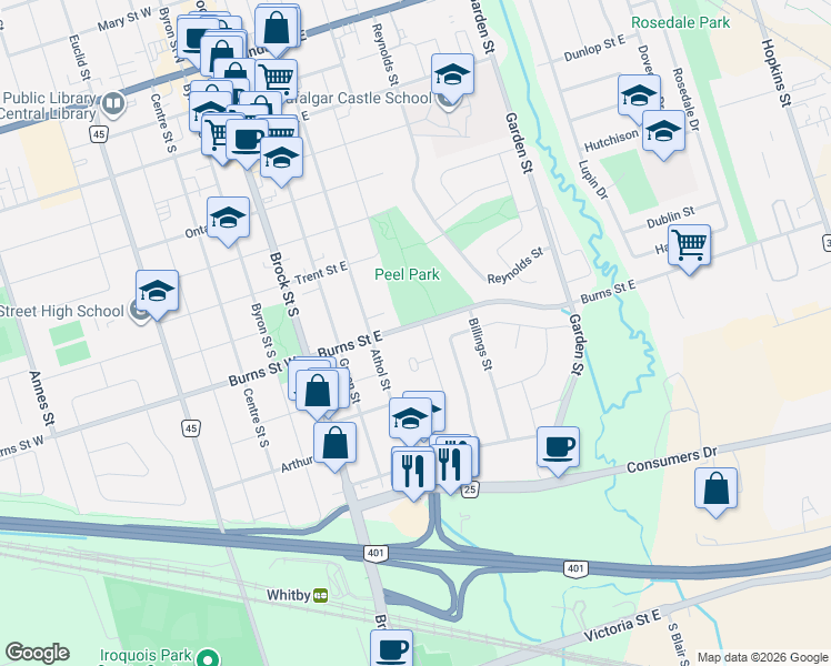 map of restaurants, bars, coffee shops, grocery stores, and more near 326 Saint Lawrence Street in Whitby