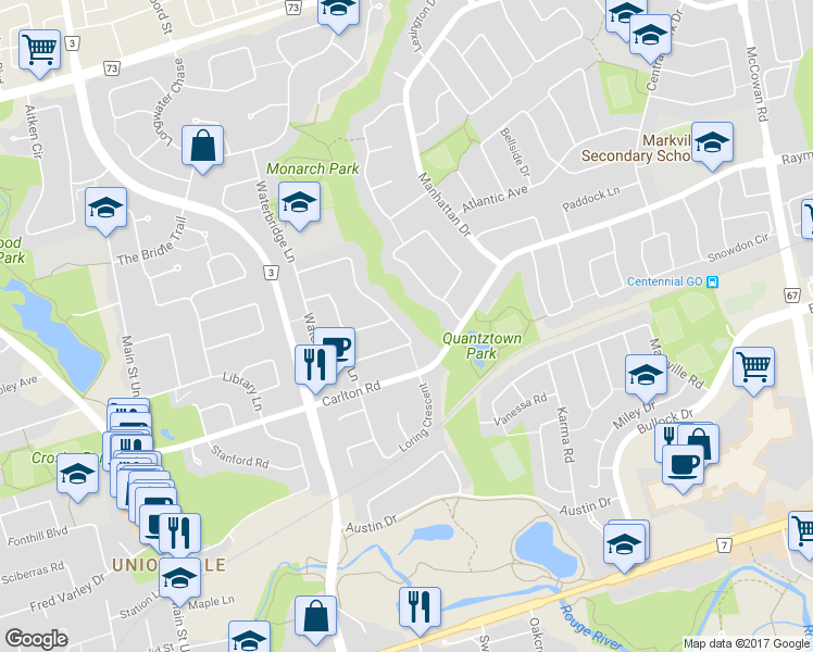 map of restaurants, bars, coffee shops, grocery stores, and more near 41 Heatherwood Crescent in Markham