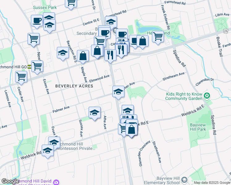 map of restaurants, bars, coffee shops, grocery stores, and more near Bayview Avenue & Palmer Avenue in Richmond Hill