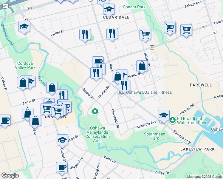 map of restaurants, bars, coffee shops, grocery stores, and more near in Oshawa