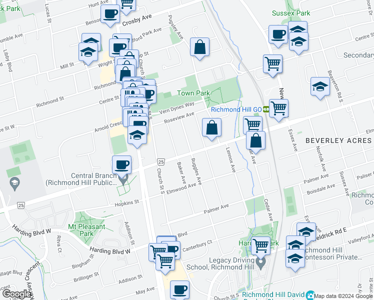 map of restaurants, bars, coffee shops, grocery stores, and more near in Richmond Hill