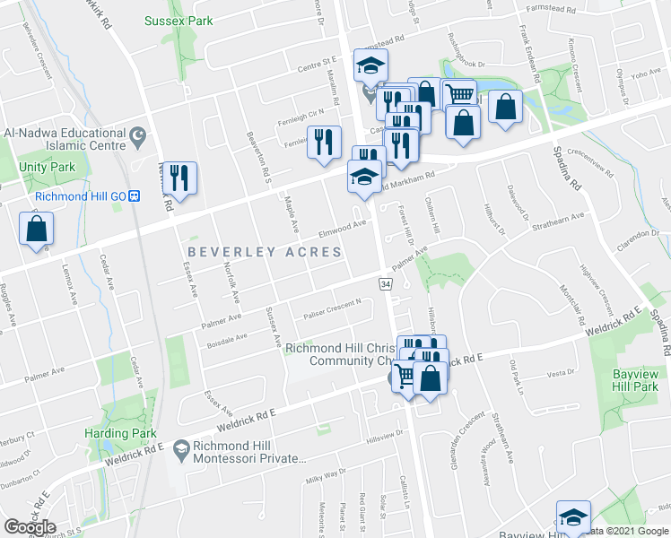 map of restaurants, bars, coffee shops, grocery stores, and more near 424 Wenlock Avenue in Richmond Hill