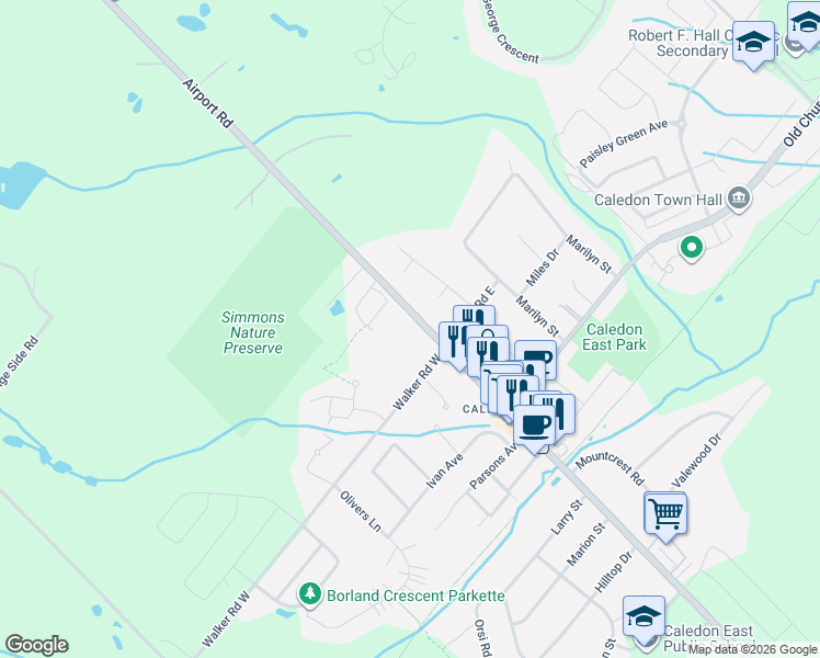 map of restaurants, bars, coffee shops, grocery stores, and more near 16114 Airport Road in Caledon