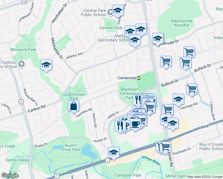 map of restaurants, bars, coffee shops, grocery stores, and more near 64 Marlow Crescent in Markham