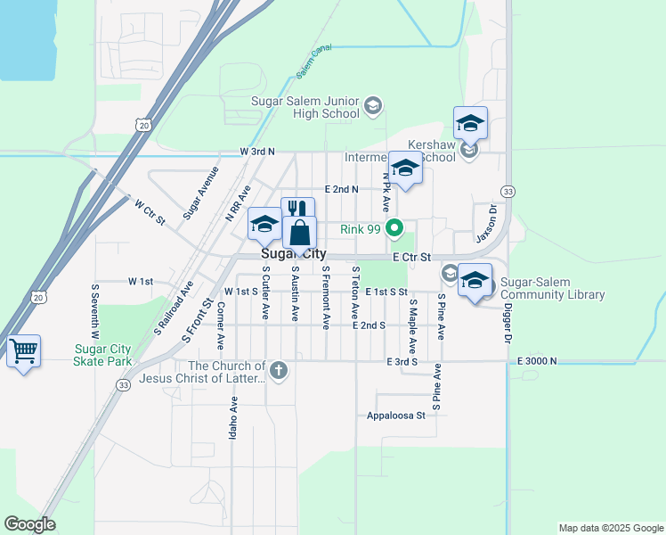 map of restaurants, bars, coffee shops, grocery stores, and more near 52-98 S Fremont Ave in Sugar City