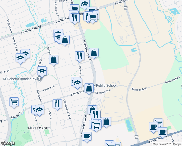 map of restaurants, bars, coffee shops, grocery stores, and more near 76 Monk Crescent in Ajax