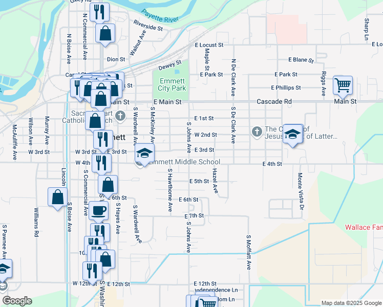 map of restaurants, bars, coffee shops, grocery stores, and more near 601 East 3rd Street in Emmett