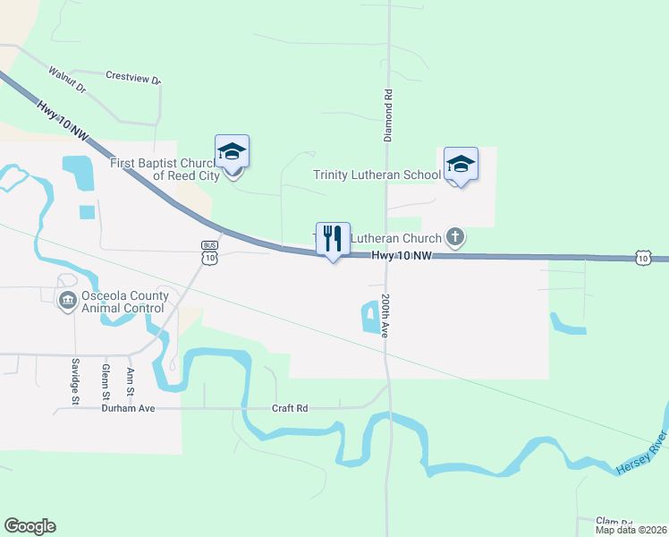 map of restaurants, bars, coffee shops, grocery stores, and more near 20020-20098 U.S. 10 in Reed City