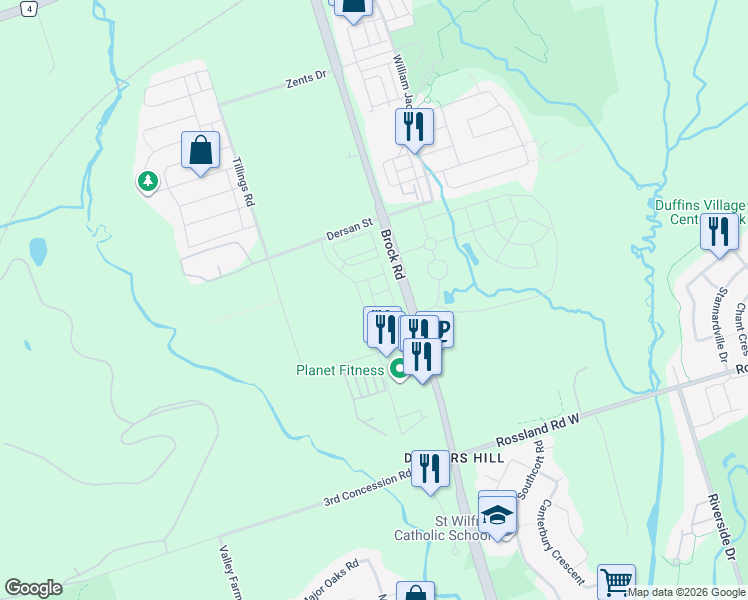map of restaurants, bars, coffee shops, grocery stores, and more near Castlegate Crossing in Pickering