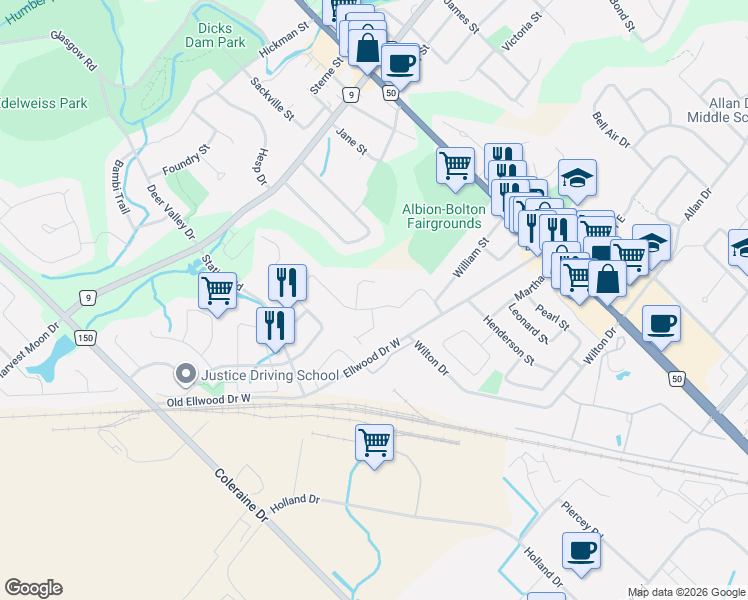 map of restaurants, bars, coffee shops, grocery stores, and more near 183 Ridge Road in Caledon