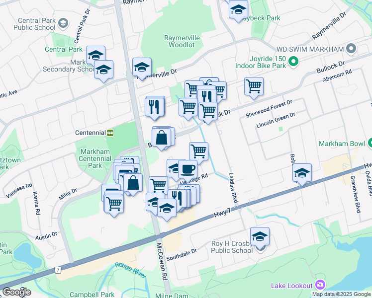 map of restaurants, bars, coffee shops, grocery stores, and more near 189 Bullock Drive in Markham