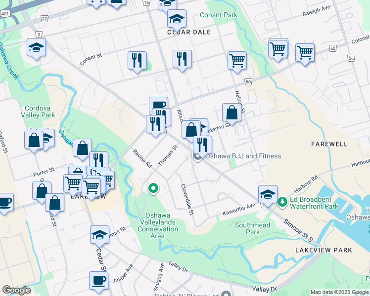 map of restaurants, bars, coffee shops, grocery stores, and more near 1110 Simcoe Street South in Oshawa