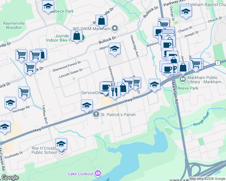 map of restaurants, bars, coffee shops, grocery stores, and more near 2 Honeybourne Crescent in Markham