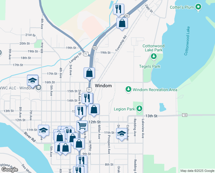 map of restaurants, bars, coffee shops, grocery stores, and more near 121 16th Street in Windom