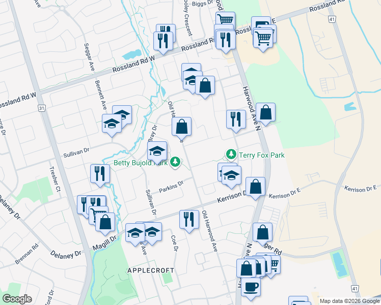 map of restaurants, bars, coffee shops, grocery stores, and more near 657 Old Harwood Avenue in Ajax