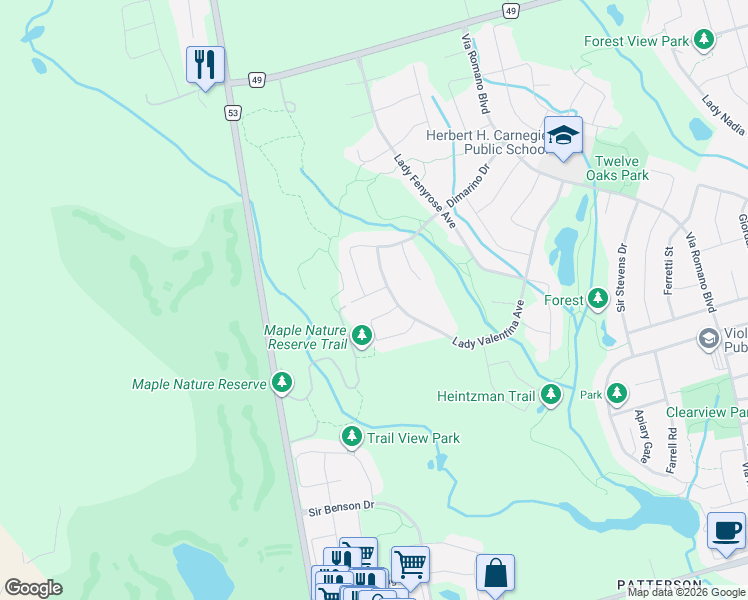 map of restaurants, bars, coffee shops, grocery stores, and more near 78 Sofia Olivia Crescent in Vaughan
