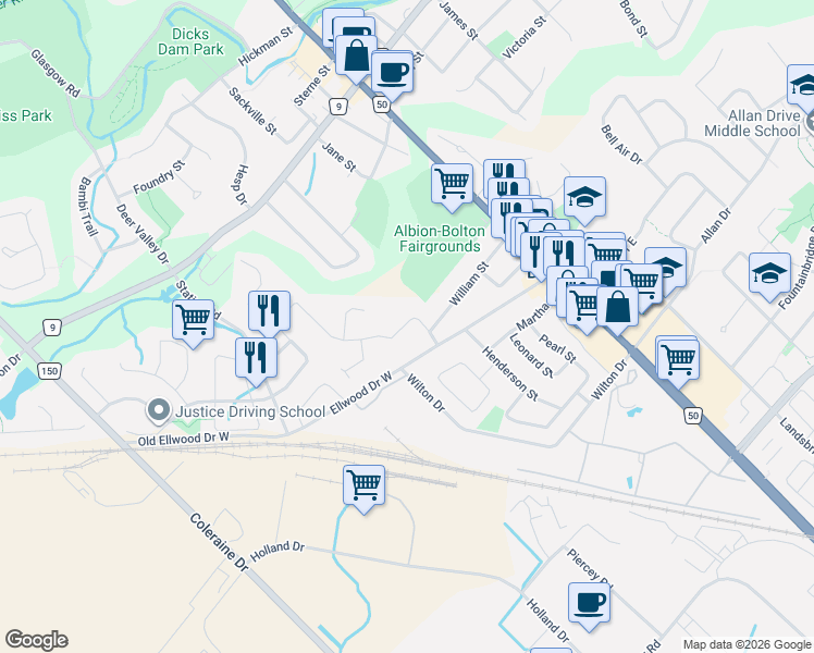 map of restaurants, bars, coffee shops, grocery stores, and more near 154 Ridge Road in Bolton
