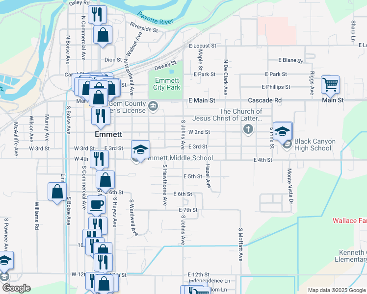 map of restaurants, bars, coffee shops, grocery stores, and more near 601 East 3rd Street in Emmett
