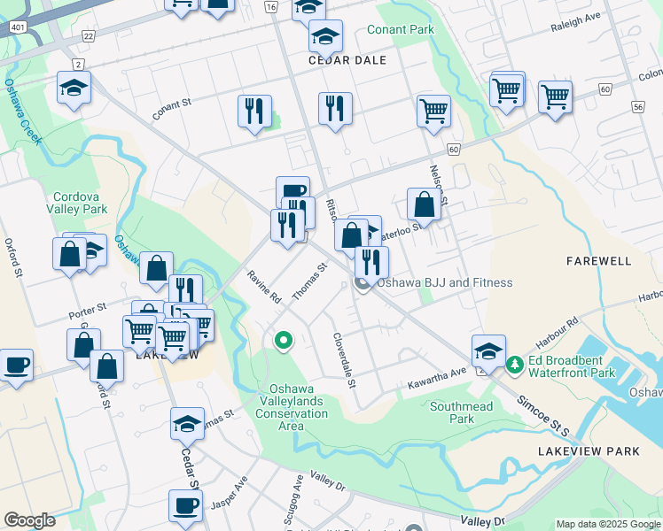 map of restaurants, bars, coffee shops, grocery stores, and more near 5 Thomas Street in Oshawa