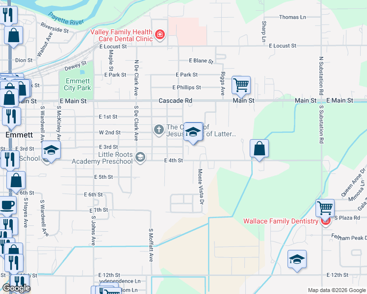 map of restaurants, bars, coffee shops, grocery stores, and more near 400 South Pine Street in Emmett