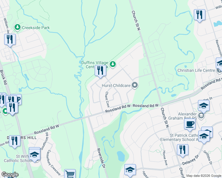map of restaurants, bars, coffee shops, grocery stores, and more near 5 Chant Crescent in Ajax