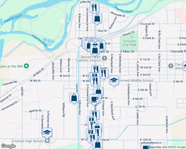 map of restaurants, bars, coffee shops, grocery stores, and more near 317 South Washington Avenue in Emmett