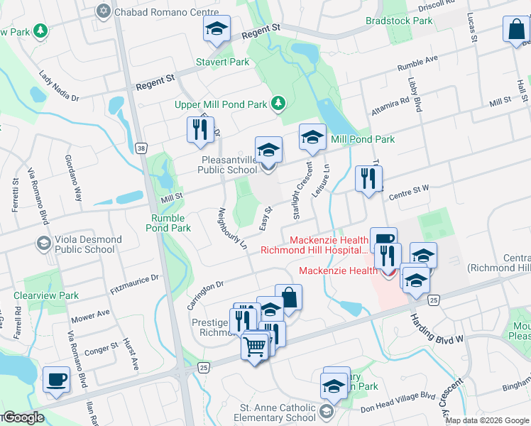 map of restaurants, bars, coffee shops, grocery stores, and more near 421 Easy Street in Richmond Hill