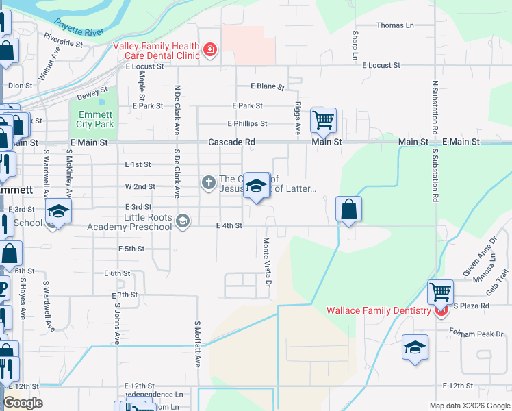 map of restaurants, bars, coffee shops, grocery stores, and more near 400 South Pine Street in Emmett